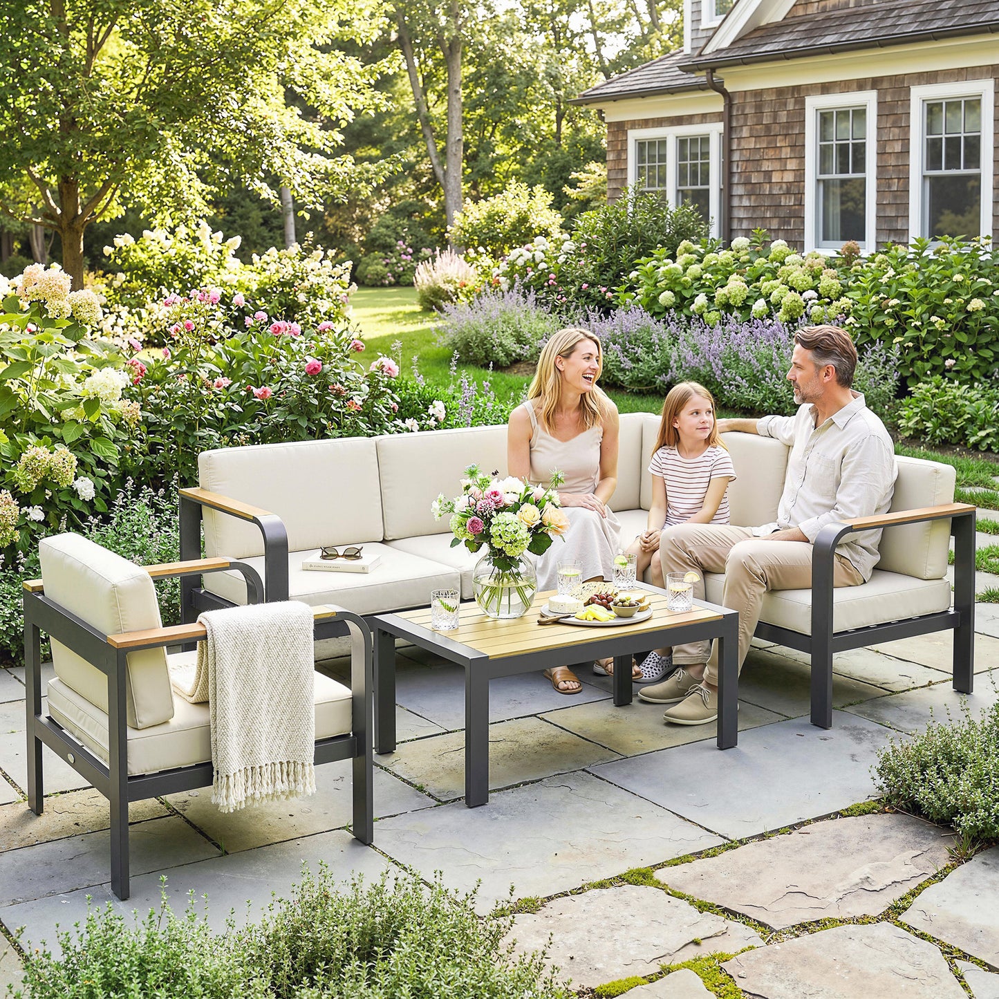 Outsunny 3 Pieces Garden Furniture Set With L-Shaped Sofa, Armchair And Coffee Table Aluminium Outdoor Corner Sofa Set