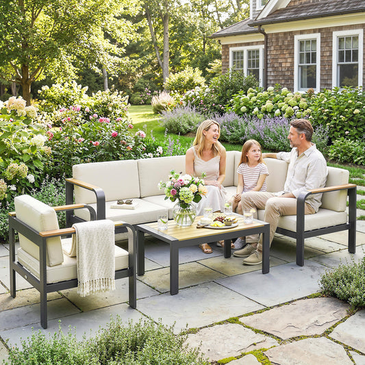 Outsunny 3 Pieces Garden Furniture Set With L-Shaped Sofa, Armchair And Coffee Table Aluminium Outdoor Corner Sofa Set