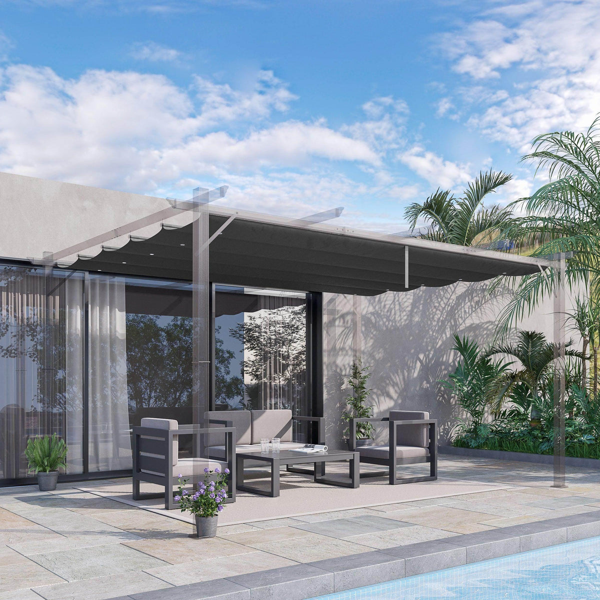 Dark grey retractable pergola shade canopy cover with sloped roof on metal frame