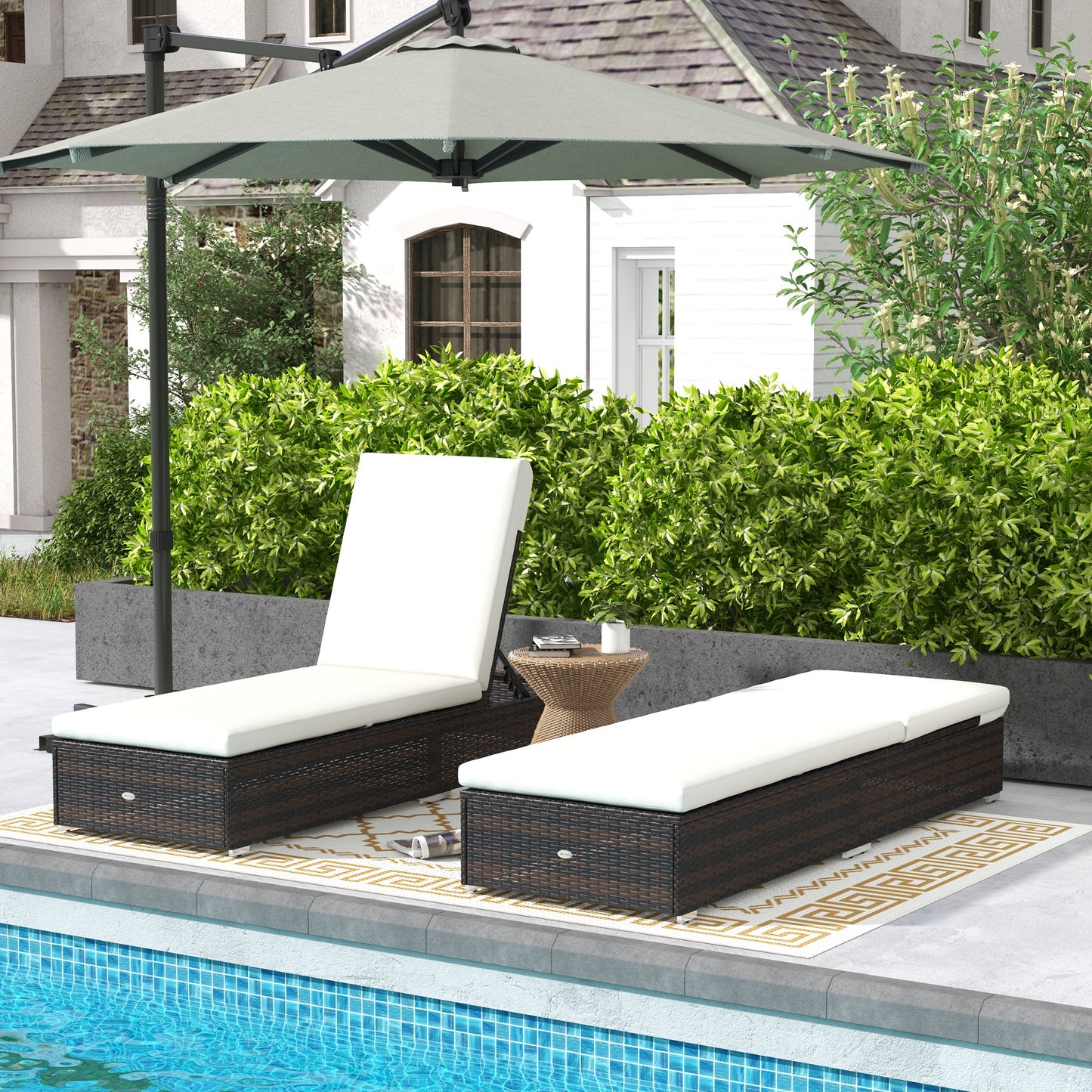 Outsunny Set of Two Adjustable Rattan Sun Loungers with Padded Seats - Brown and Cream - ALL4U RETAILER LTD