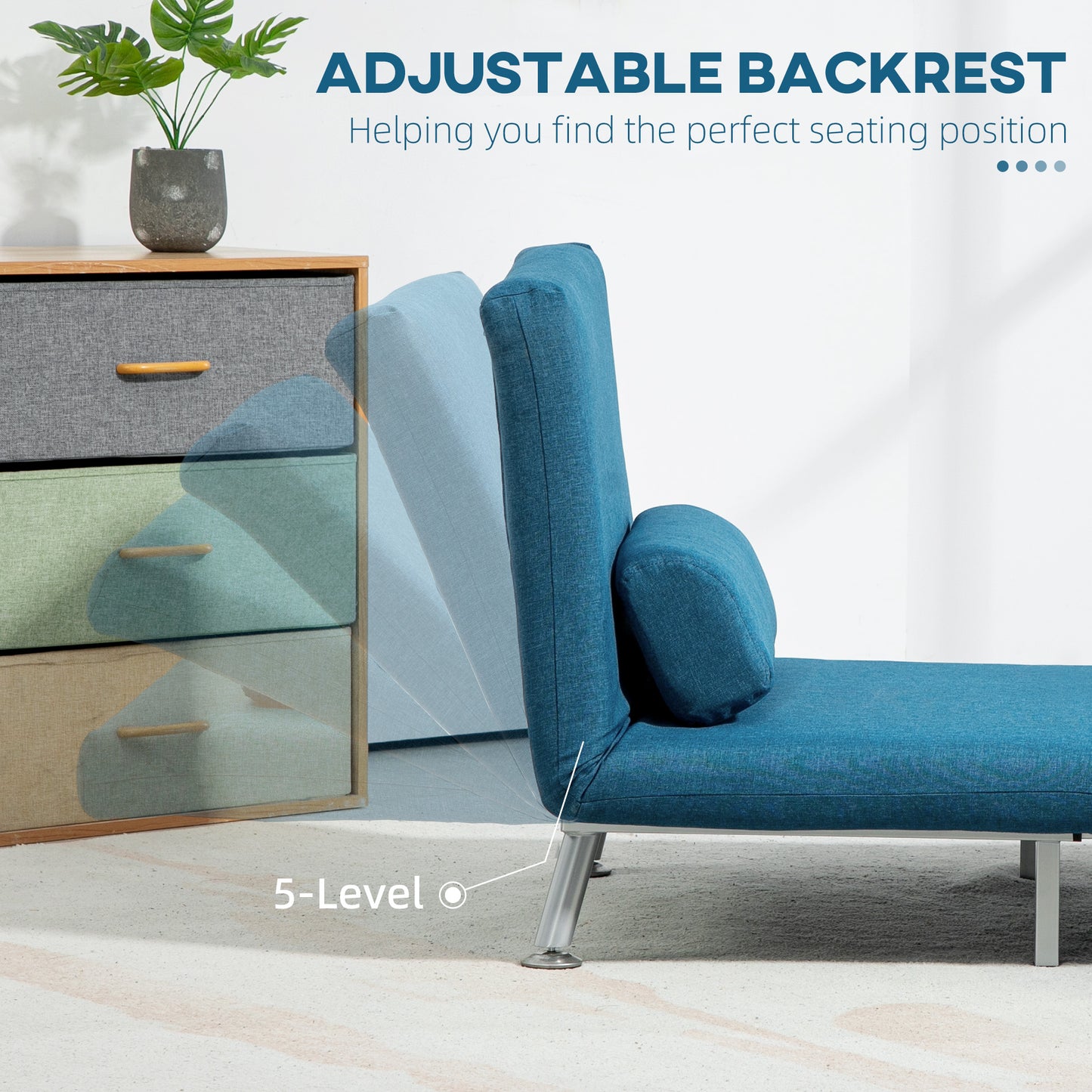 Homcom Linen Look Sleeper Chair Blue 3 In 1 Convertible Chair With 5 Level Adjustable Backrest For Space Saving