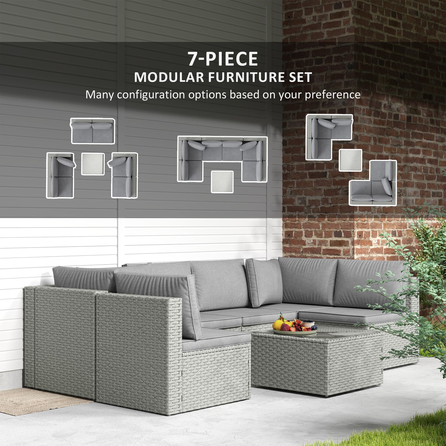 Outsunny Seven Piece Modular Rattan Set Grey For Outdoor Garden Balcony With Corner Chairs And Table Steel Frame