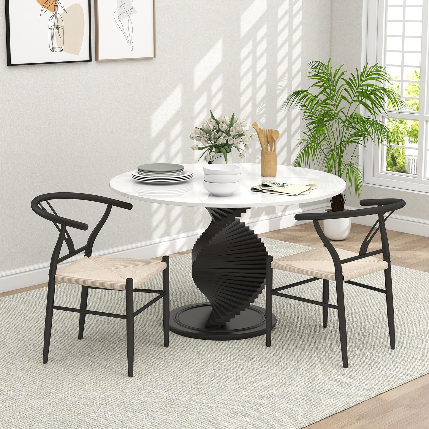 HOMCOM Set Of Two Weave Dining Chairs With Y Shaped Backrest And Hemp Seat Black And Beige