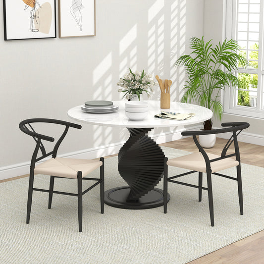 HOMCOM Set Of Two Weave Dining Chairs With Y Shaped Backrest And Hemp Seat Black And Beige