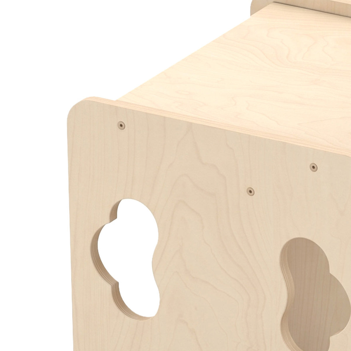 Light wood toddler table side panel with rounded handle cutout and animal silhouette