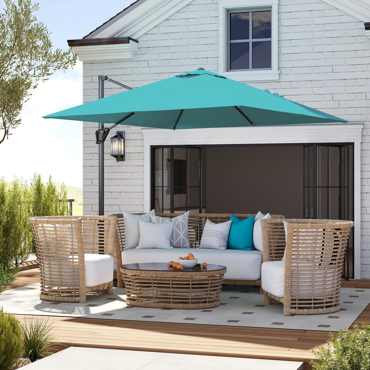 Outsunny Patio Offset Cantilever Parasol Umbrella With Base Blue, Adjustable 360 Degree Rotation And Five Positions
