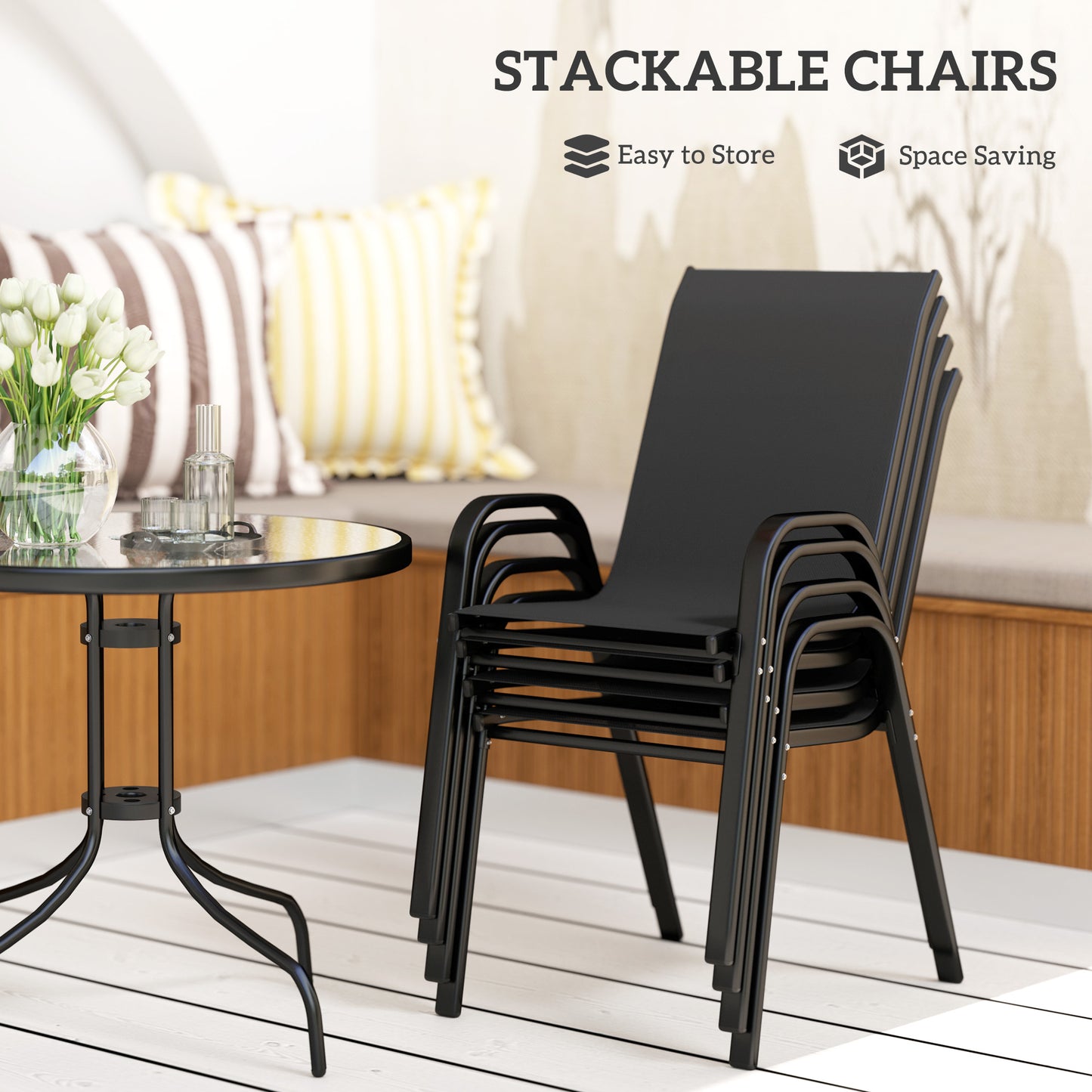 Outsunny Five Piece Steel Outdoor Patio Set With Round Glass Top Table And Stackable Chairs Black
