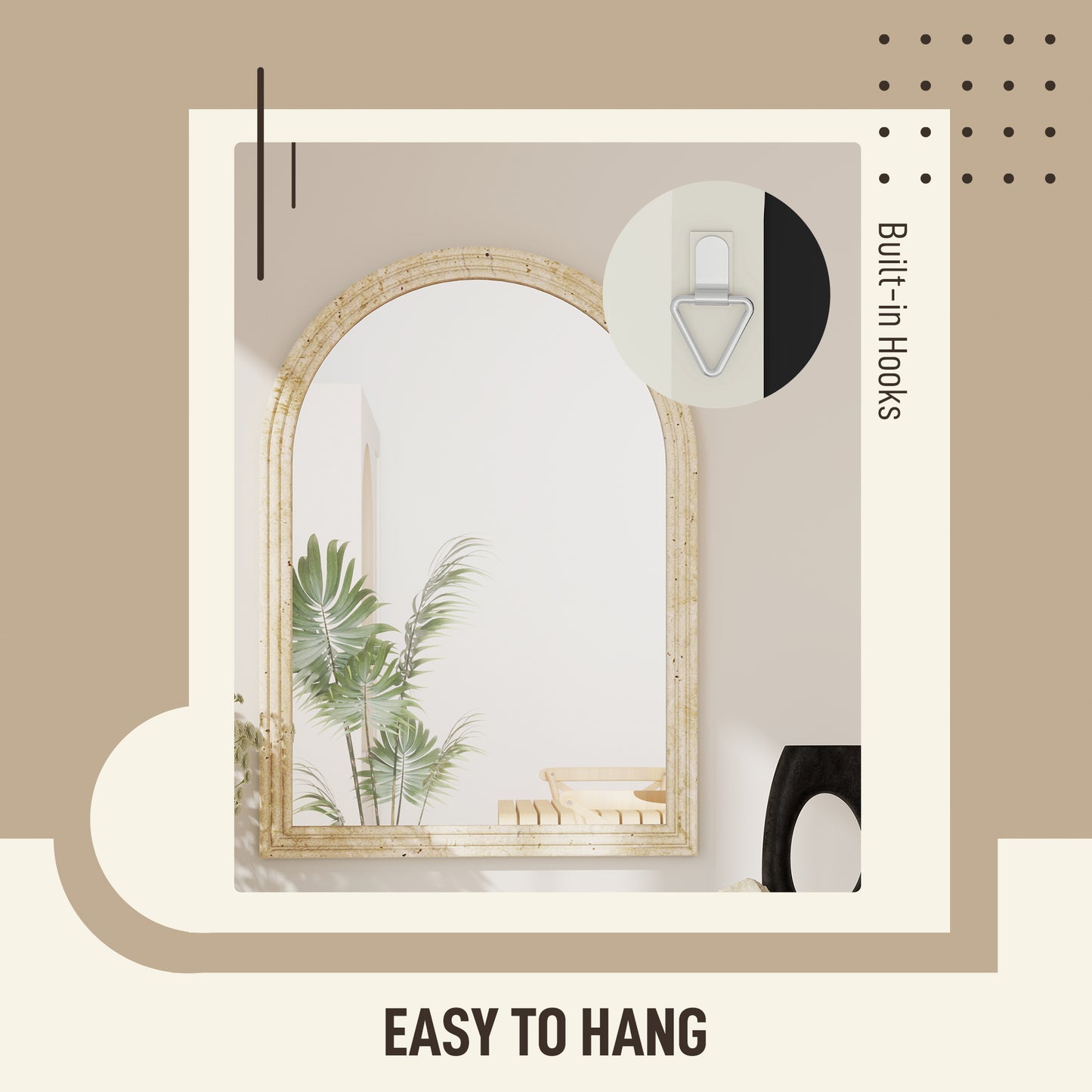 HOMCOM Arched Wall Mirror With Grooved Edge And Hooks Wall Mounted Modern Tempered Glass Beige