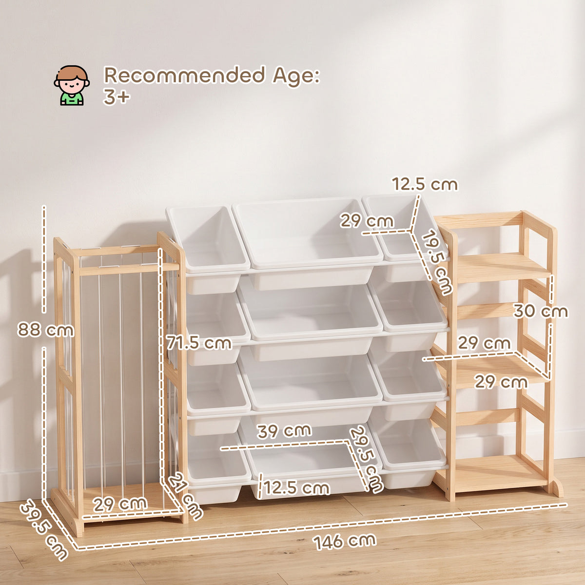 AIYAPLAY wooden toy storage organizer with labeled dimensions and bin layout
