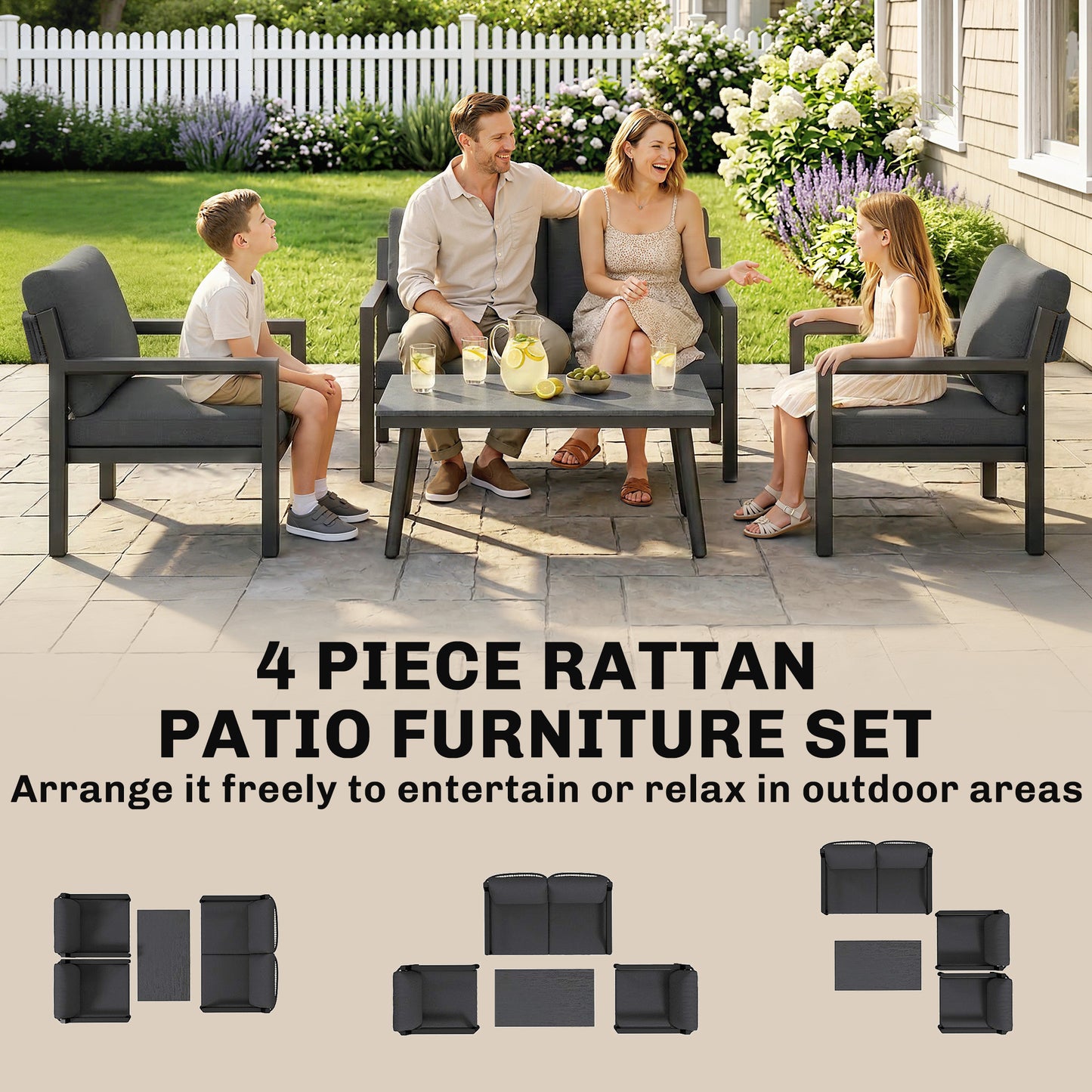Outsunny 4 Seater Rattan Garden Furniture Set With 2 Armchairs Loveseat Coffee Table Cushions Dark Grey