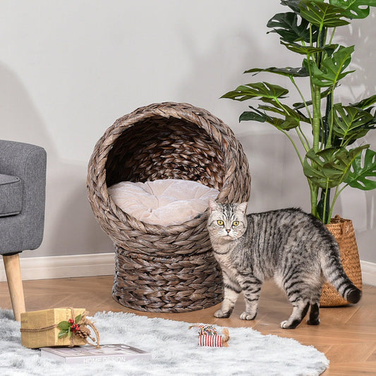 PawHut Wicker Cat Bed with Washable Cushion - Brown - ALL4U RETAILER LTD