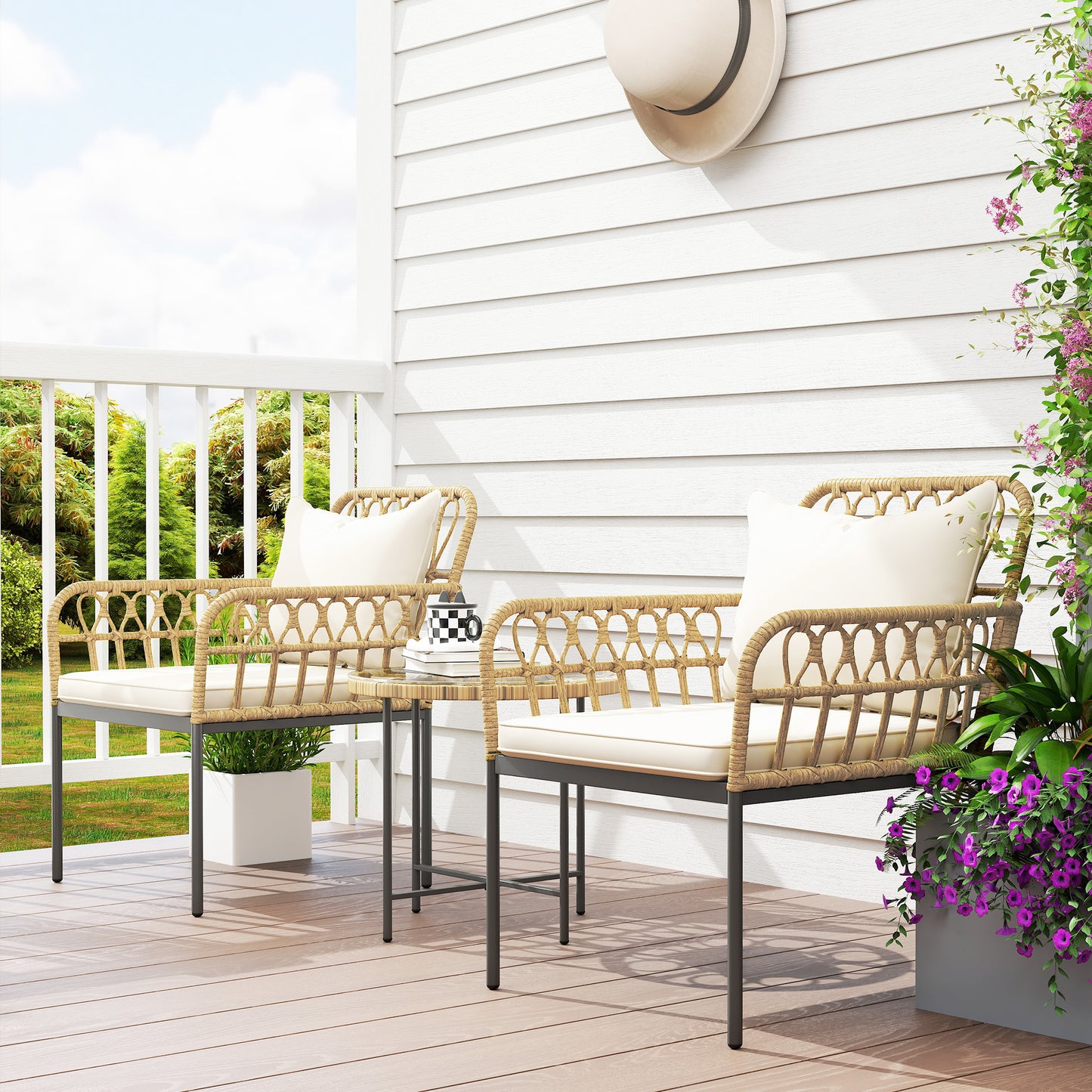 Outsunny 3 Piece Rattan Bistro Set Outdoor Wicker Garden Furniture With Cushions Glass Top Table And Chairs Beige