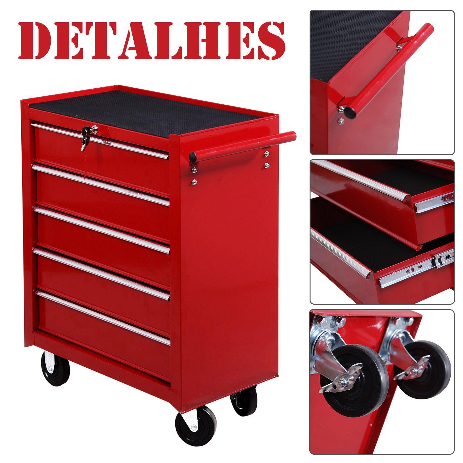 HOMCOM 5 Drawer Tool Chest on Wheels, Lockable Steel Tool Trolley with Side Handle for Workshop, Garage, Red - ALL4U RETAILER LTD