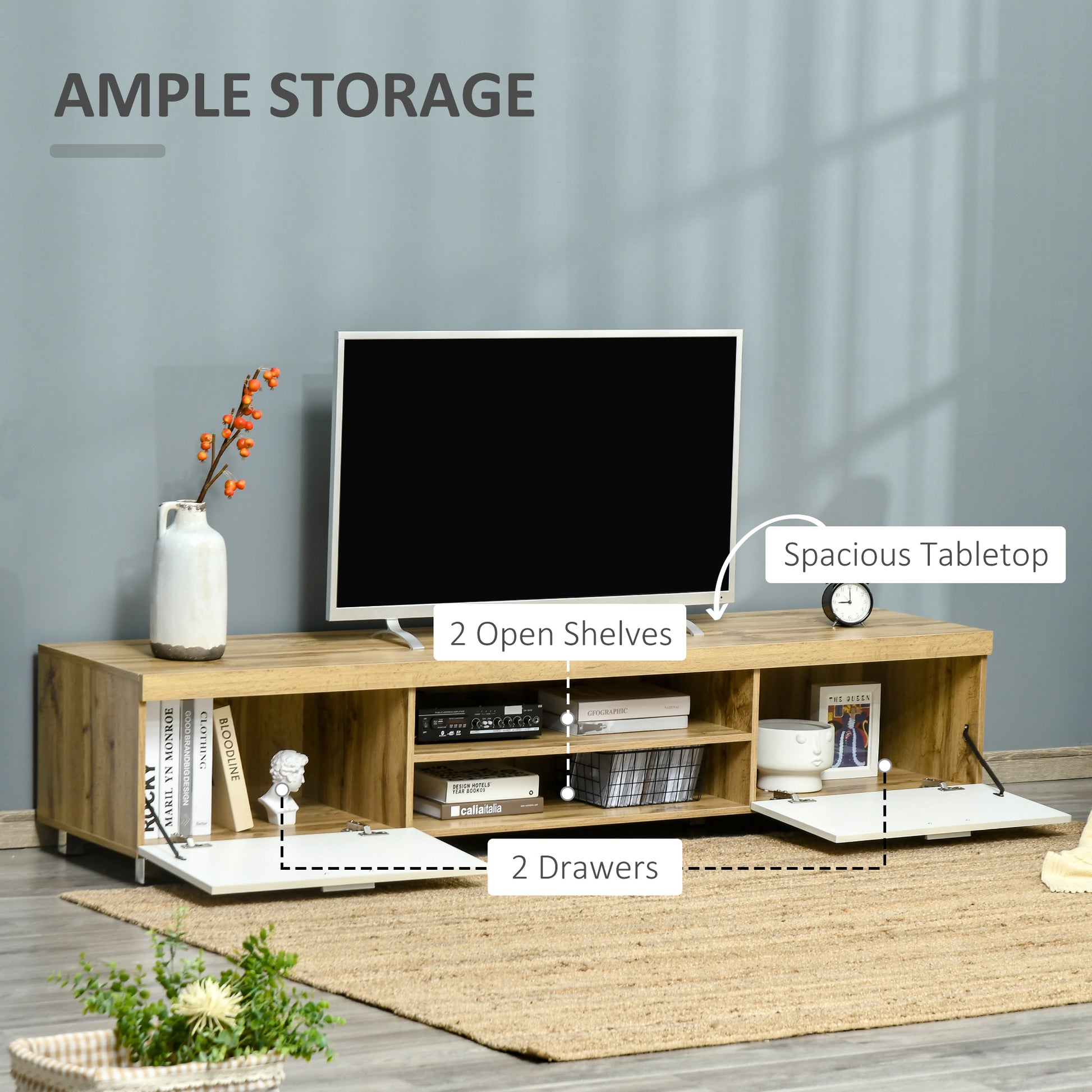 HOMCOM Contemporary Oak and White TV Stand for Up to 90-Inch TVs with Storage and Shelves - ALL4U RETAILER LTD