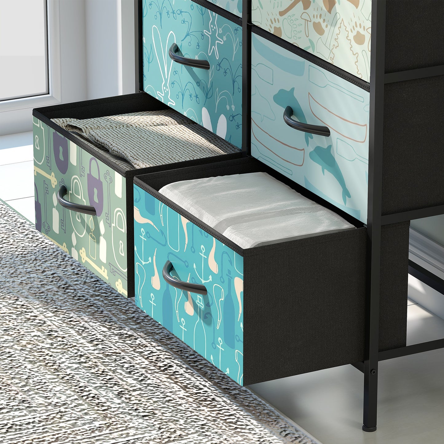 HOMCOM 6-Drawer Chest of Drawers in Blue With Removable Fabric Drawers and Patterned Panels