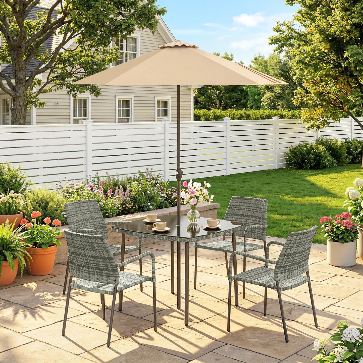 Outsunny 6 Piece Rattan Outdoor Dining Set With Parasol Tempered Glass Tabletop And Stackable Chairs