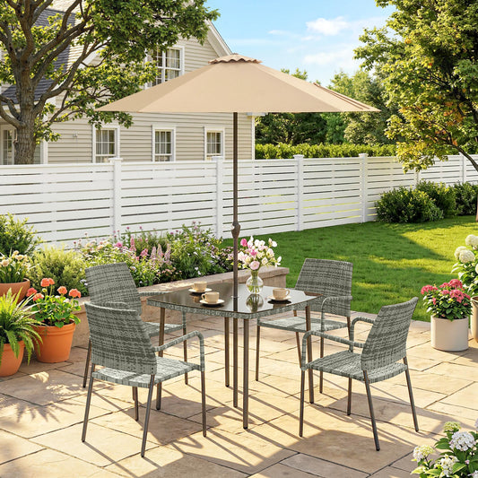 Outsunny 6 Piece Rattan Outdoor Dining Set With Parasol Tempered Glass Tabletop And Stackable Chairs