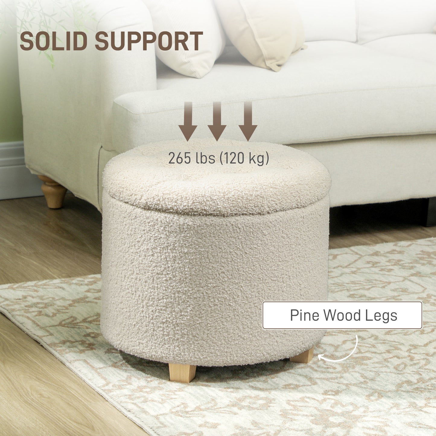 HOMCOM 40.5L Teddy Fleece Storage Ottoman With Button Tufted Lid In Cream White For Small Item Organization