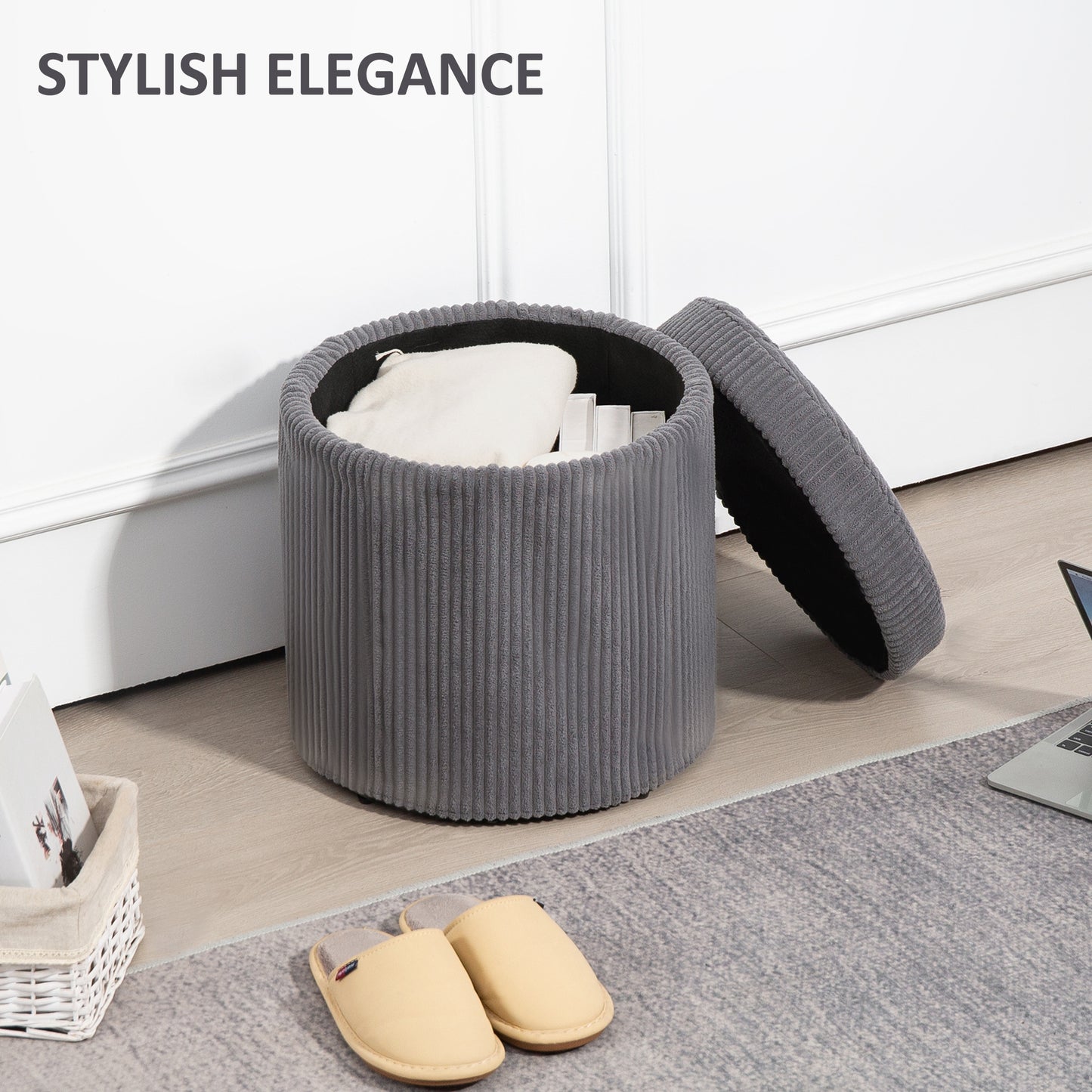 HOMCOM 40cm Storage Ottoman Corduroy Footstool With Removable Lid And Legs Vanity Stool For Living Room Bedroom Grey
