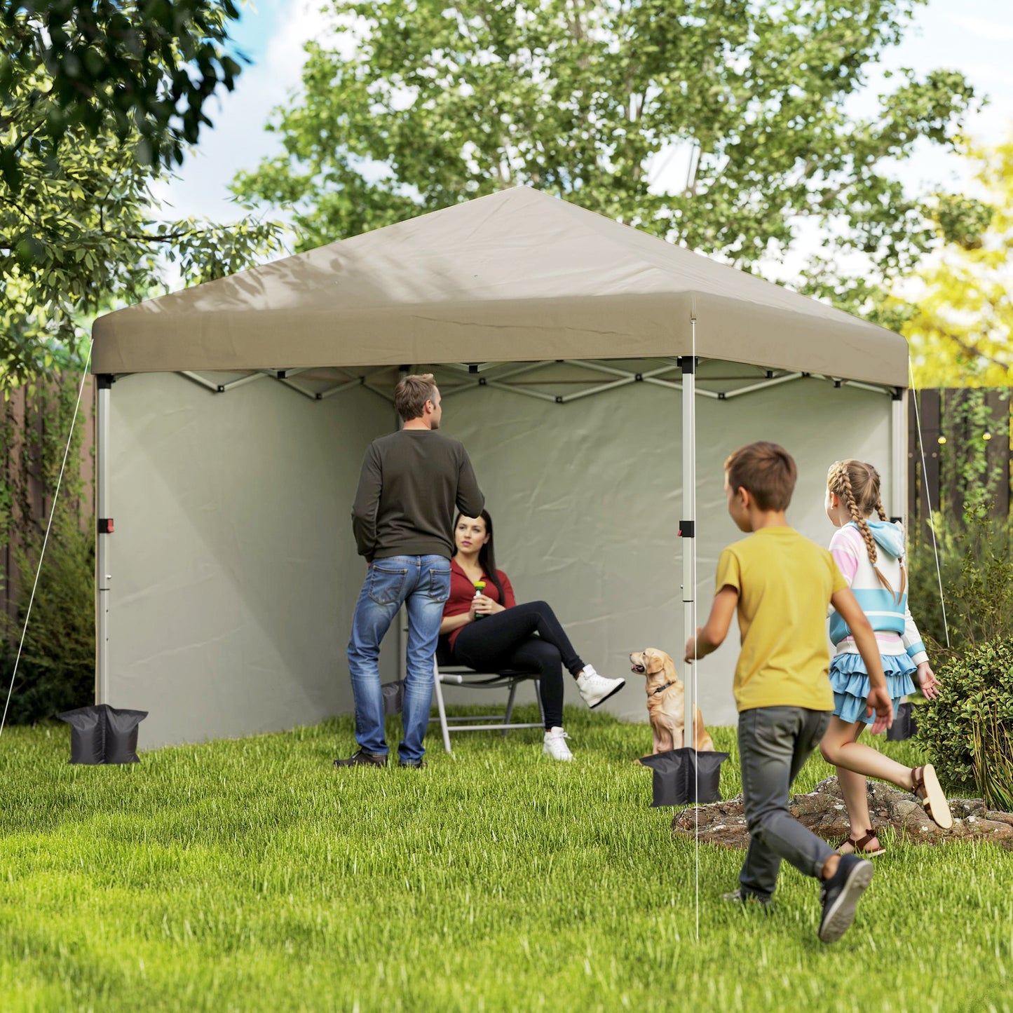 Outsunny 3x3 Pop Up Gazebo M Height Adjustable UPF 30+ With 2 Sidewalls Leg Weight Bags Wheeled Bag Khaki