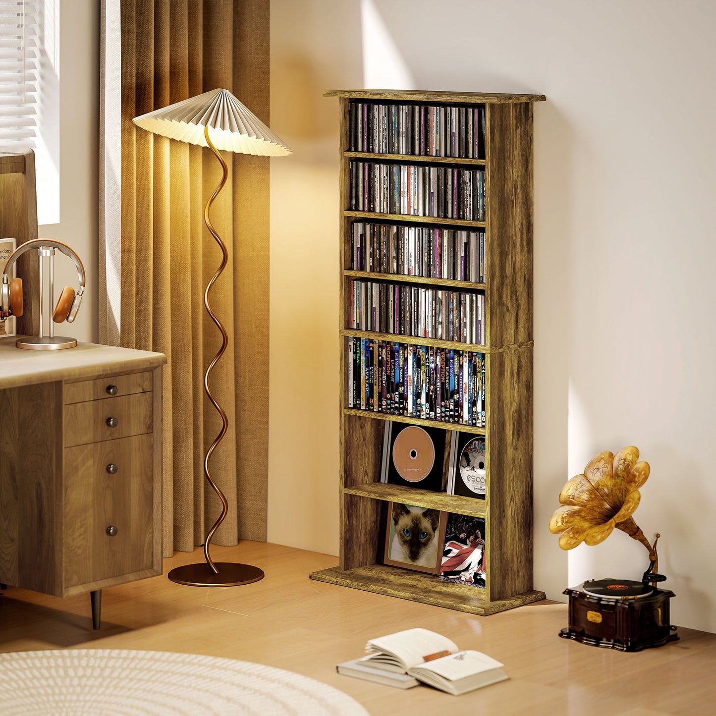 HOMCOM 360 CD DVD Blu Ray Storage Unit Rustic Brown With 8 Shelves 6 Adjustable Anti Tipping Wall Straps