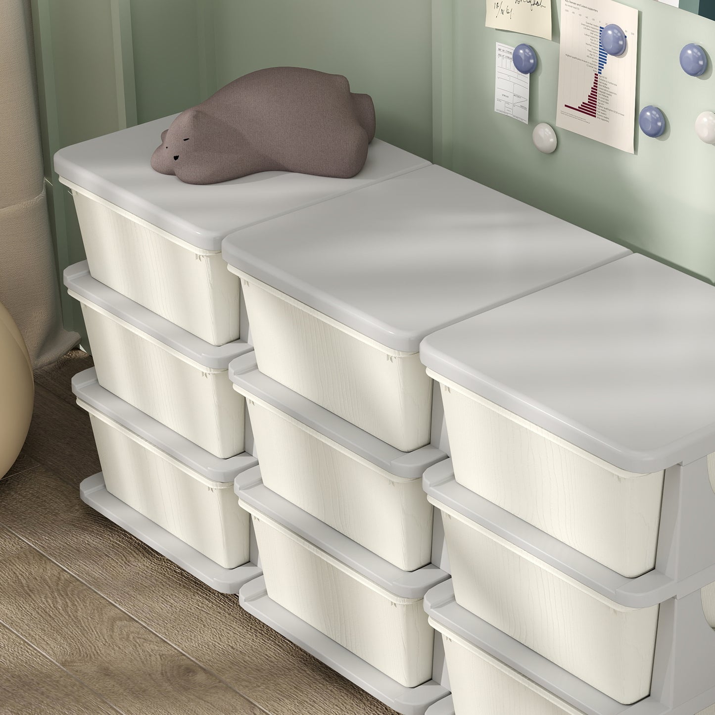 HOMCOM Kids Storage Unit With Nine Drawers Cream Plastic Toy Organizer For Toys And Books