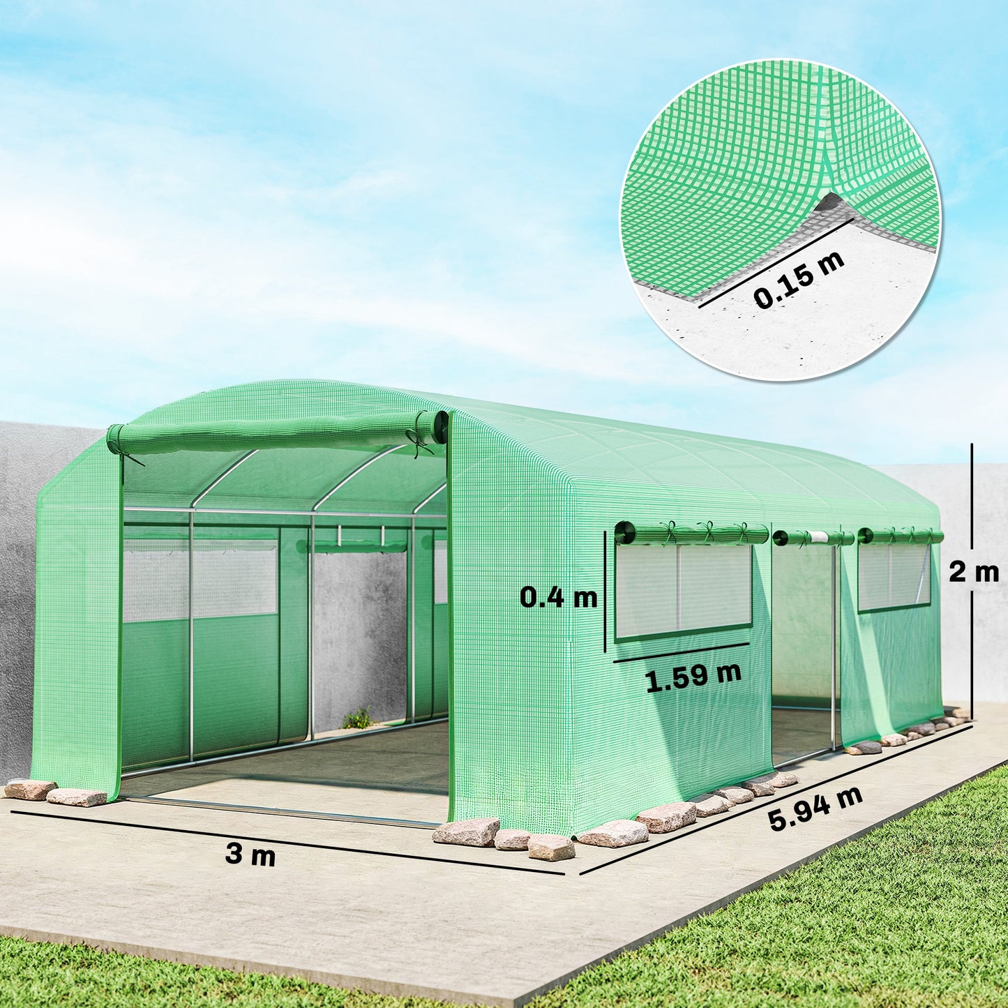 Outsunny 19 x 9.8 ft Walk-In Polytunnel Greenhouse With Roll-Up Doors And Mesh Windows 140gsm Cover