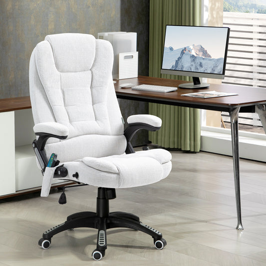 Vinsetto Heated Massage Recliner Office Chair with 6 Massage Points, Swivel Wheels, and Cream White Linen Fabric - ALL4U RETAILER LTD