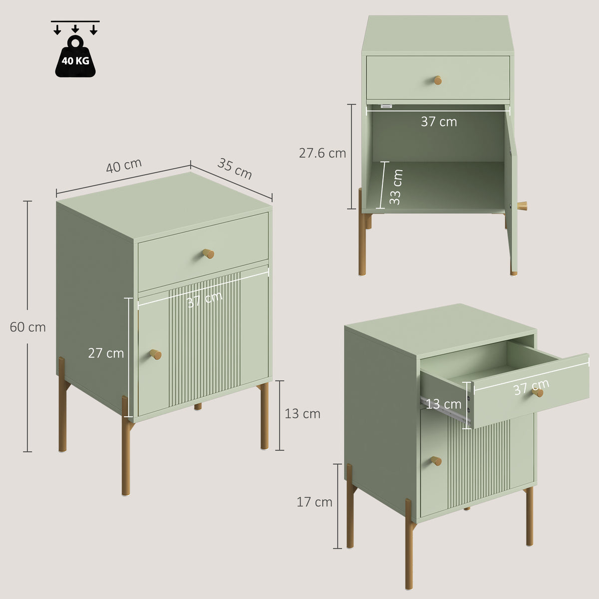 HOMCOM Modern Side Table Set of 2 with Drawer Cabinet Metal Legs Light Green