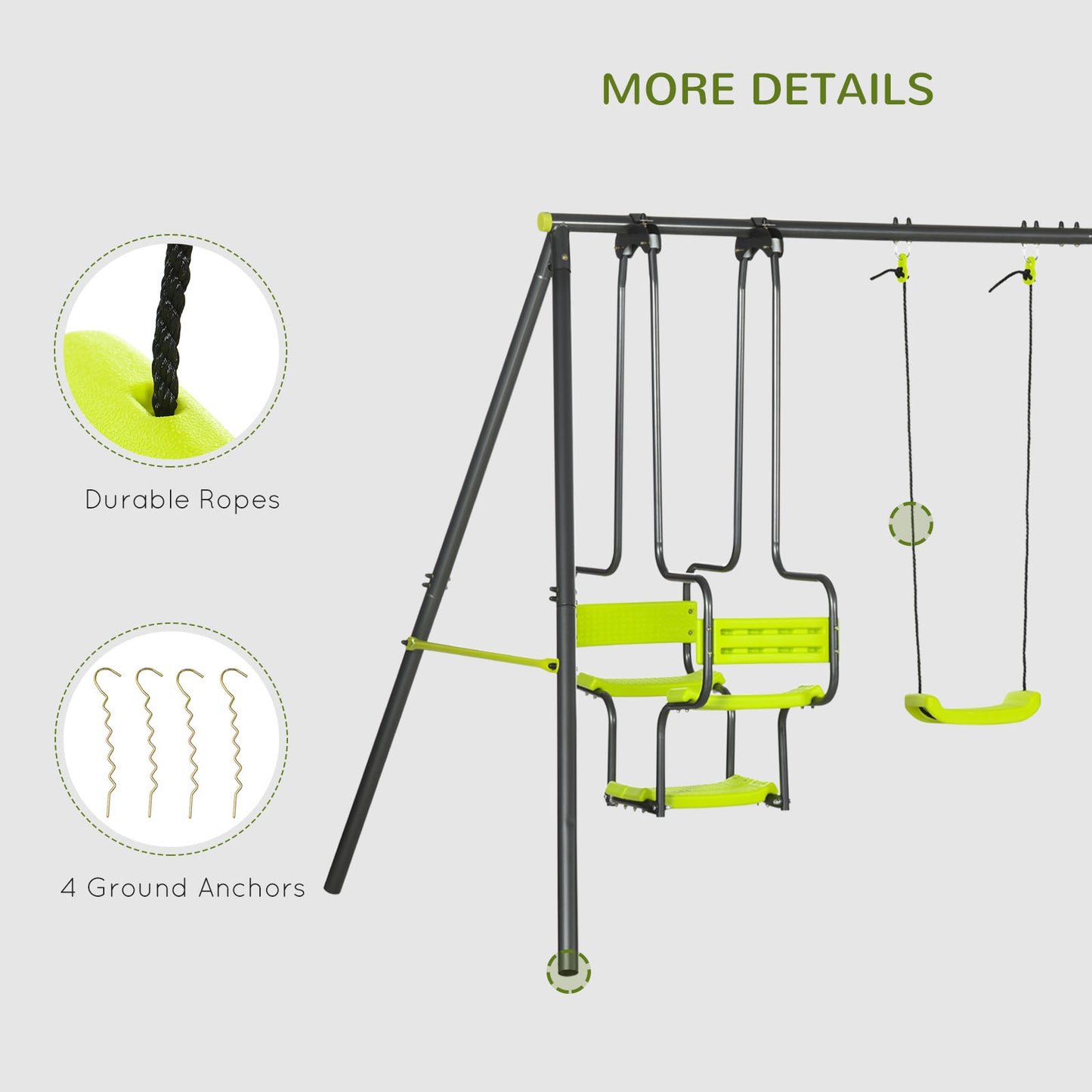 Outsunny Outdoor Metal Swing Set with Dual Seats and Glider for Kids - Green - ALL4U RETAILER LTD