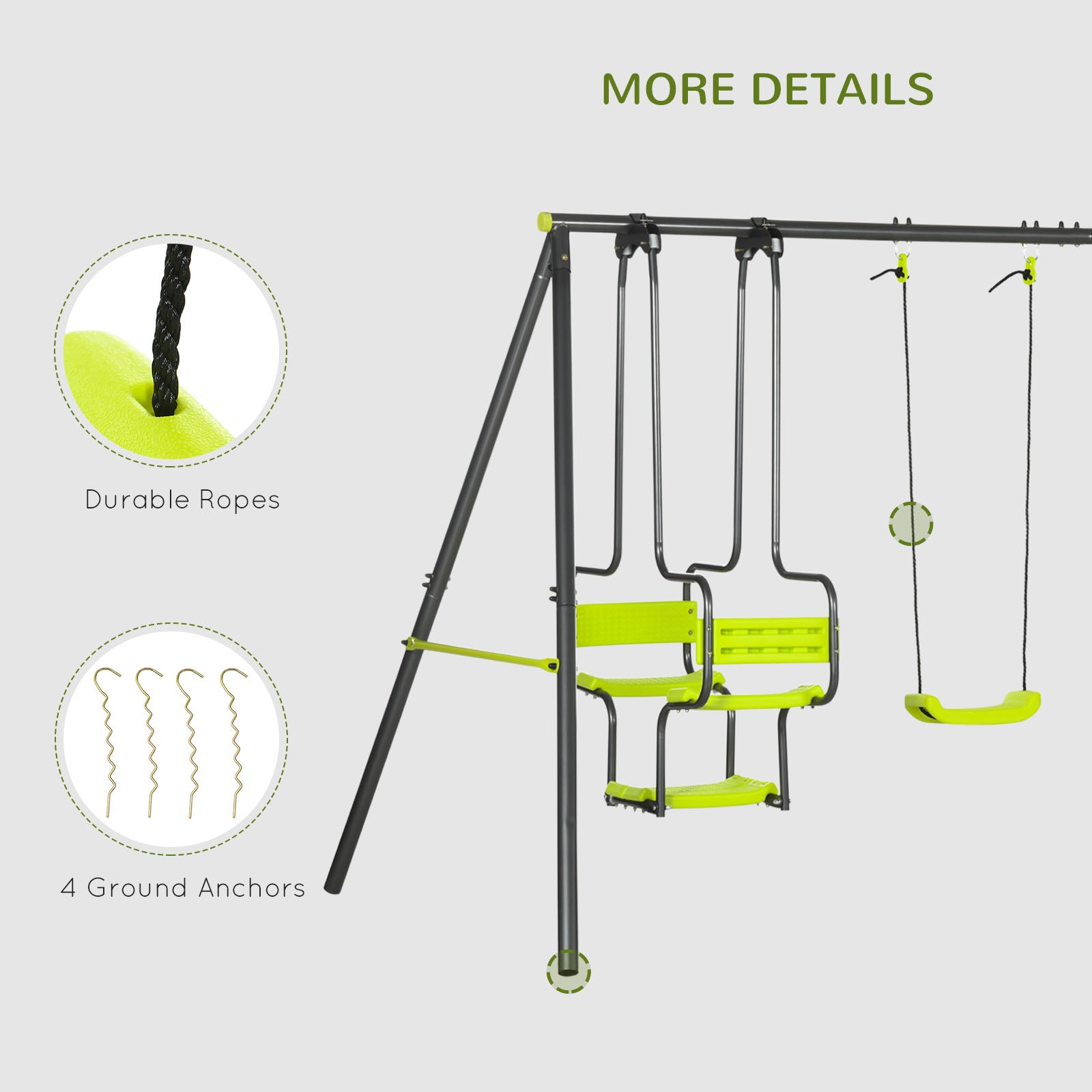 Outsunny Outdoor Metal Swing Set with Dual Seats and Glider for Kids - Green - ALL4U RETAILER LTD