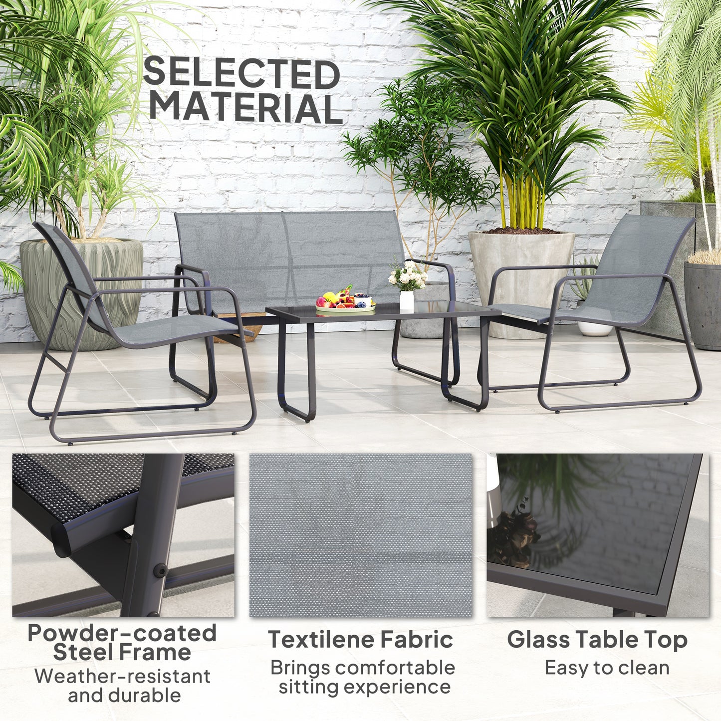 Outsunny Four Piece Minimalistic Garden Sofa Set With Two Chairs And Coffee Table In Light Grey