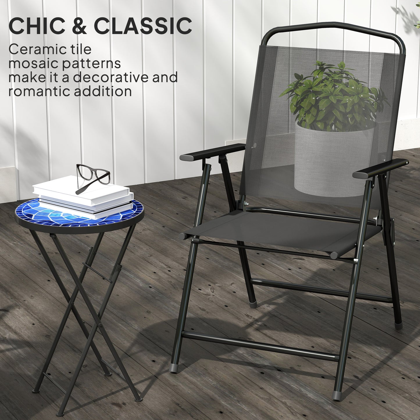 Outsunny Mosaic Outdoor Garden Table 35.5cm Round Folding Coffee Table With Metal Frame For Balcony Terrace Navy Blue