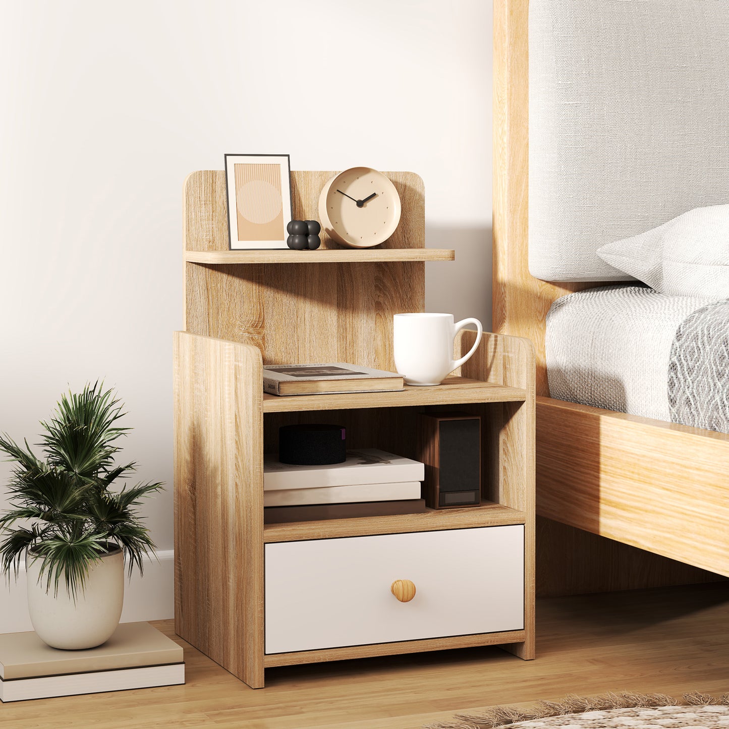 HOMCOM Multi Storage Bedside Table White Wood Effect With Drawer And Three Shelves