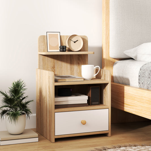 HOMCOM Multi Storage Bedside Table White Wood Effect With Drawer And Three Shelves