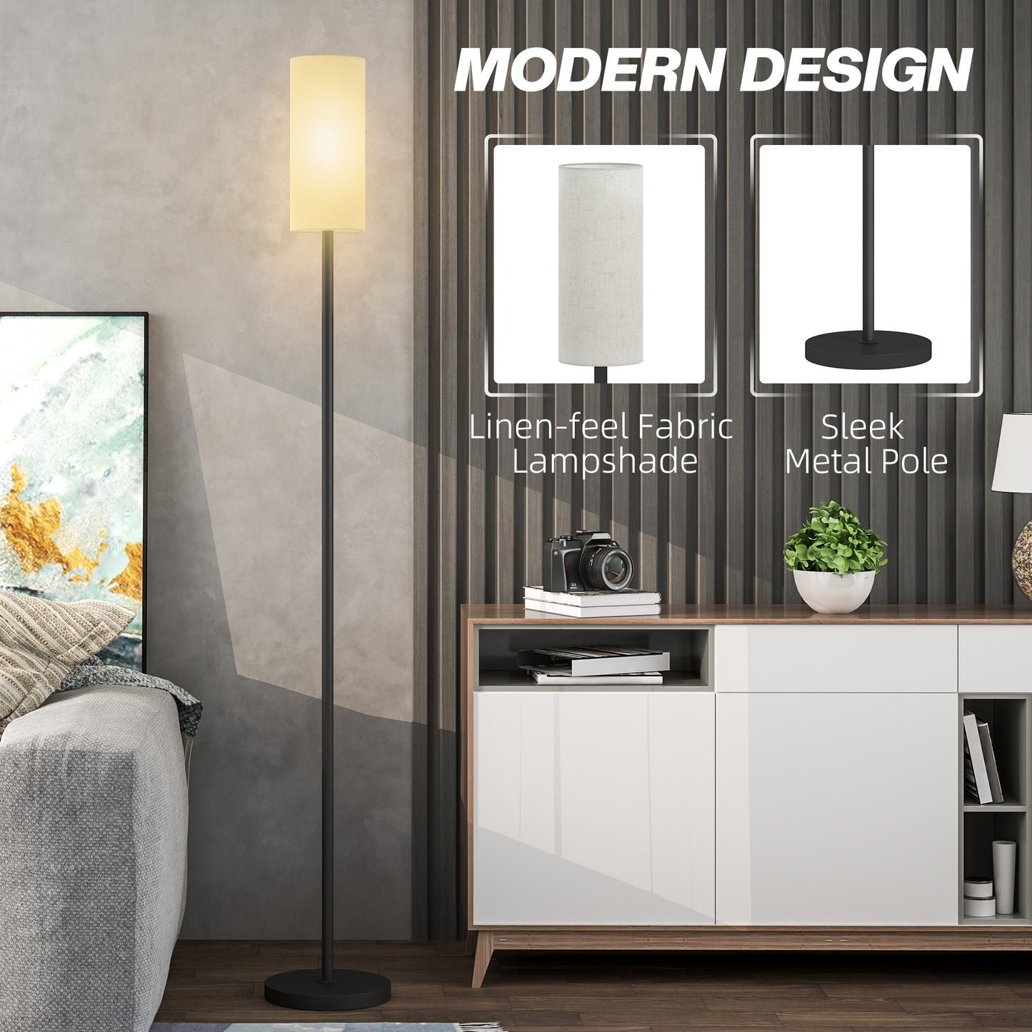 HOMCOM Floor Lamp For Living Room Modern Standing Lamp With Linen Shade And Foot Switch Minimalist Tall Pole White