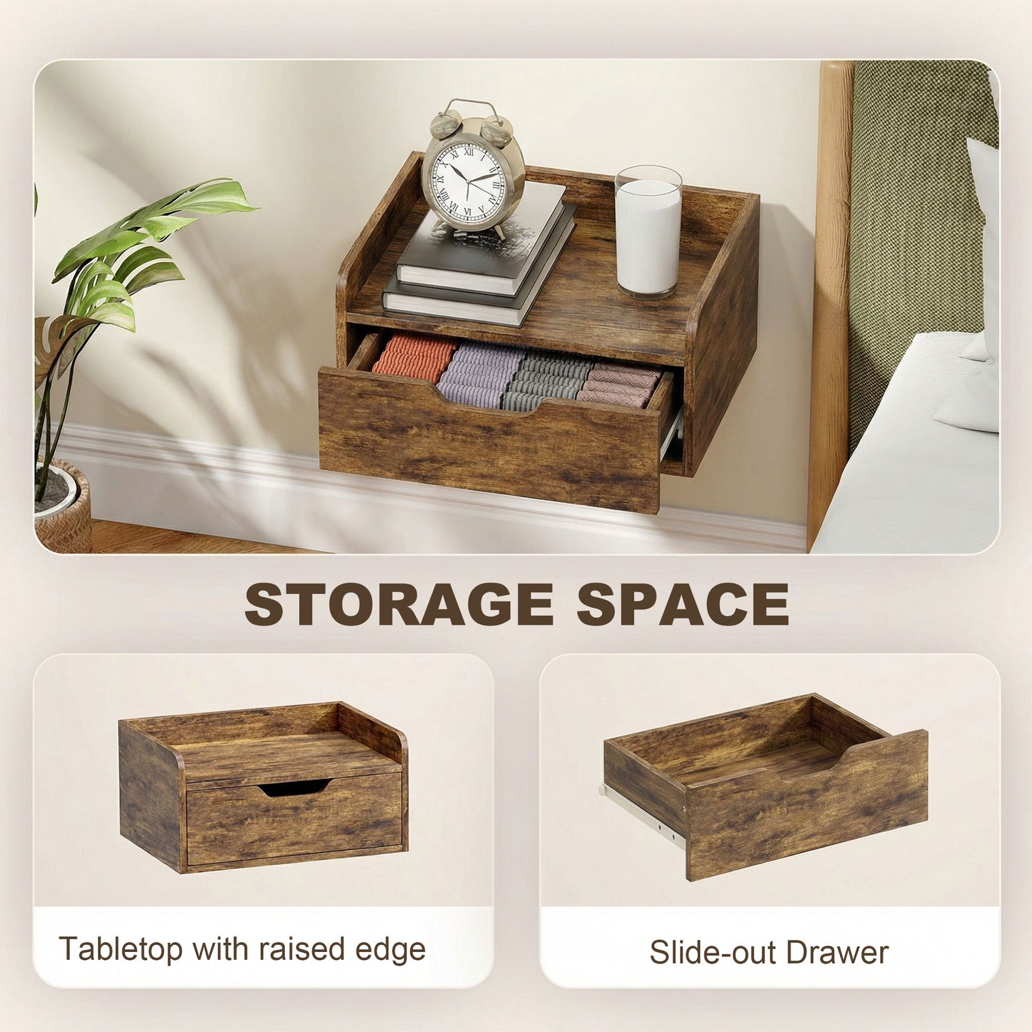 HOMCOM Floating Nightstands Set of 2 Wall Mounted Bedside Tables with Drawers Rustic Brown