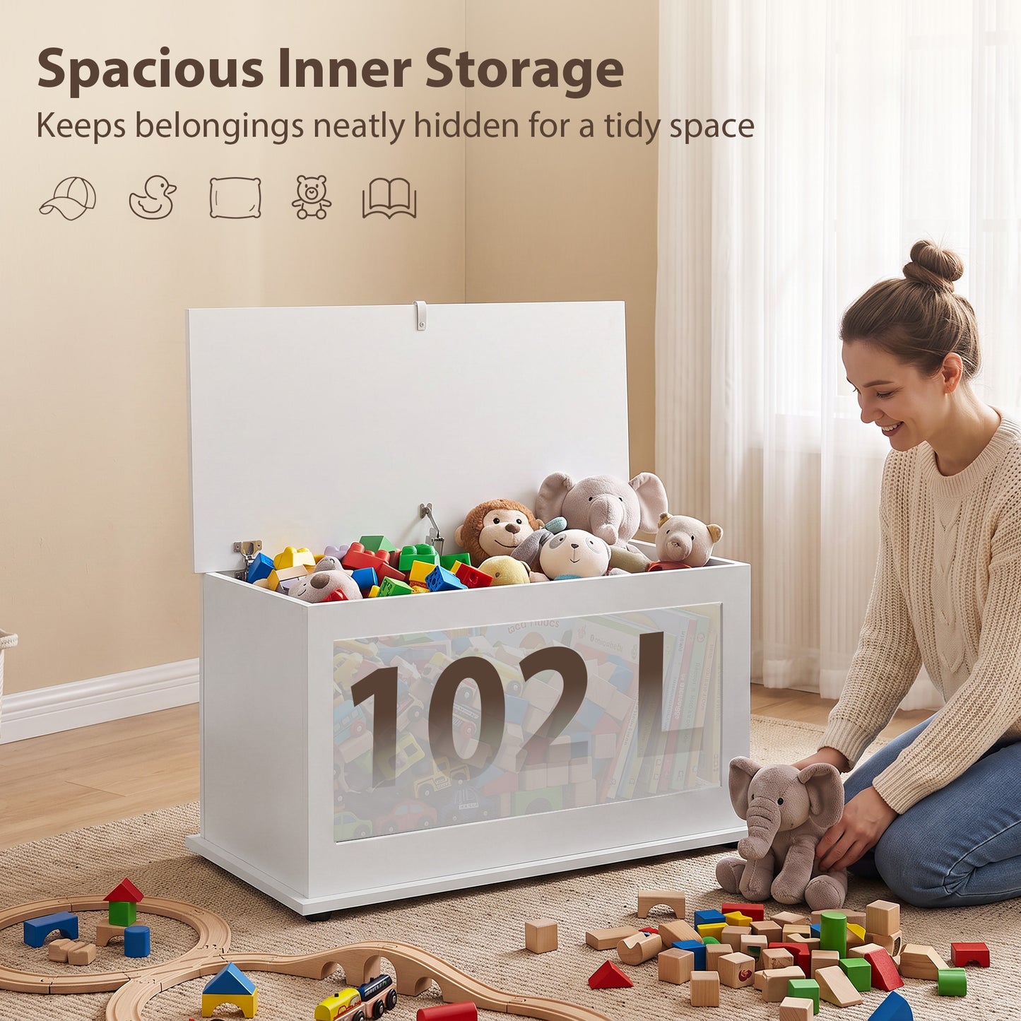 HOMCOM 102L Storage Chest Bench White Wooden Shoe Box With Safety Lid