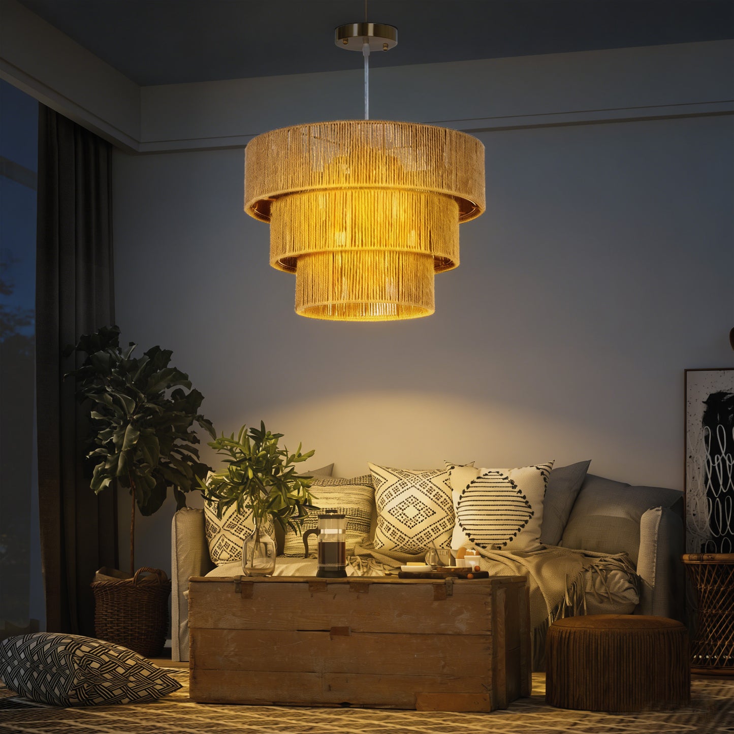 HOMCOM Hemp Rope Ceiling Light 3 Layer Boho Pendant With 4 E14 Fixtures For Living Room Bedroom Hallway Light Brown