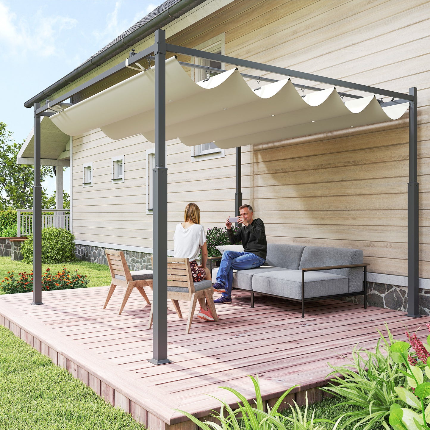 Outsunny 3x3m Metal Pergola With Retractable Roof UPF30 Magnetic Fixture Outdoor Gazebo Kit Cream White