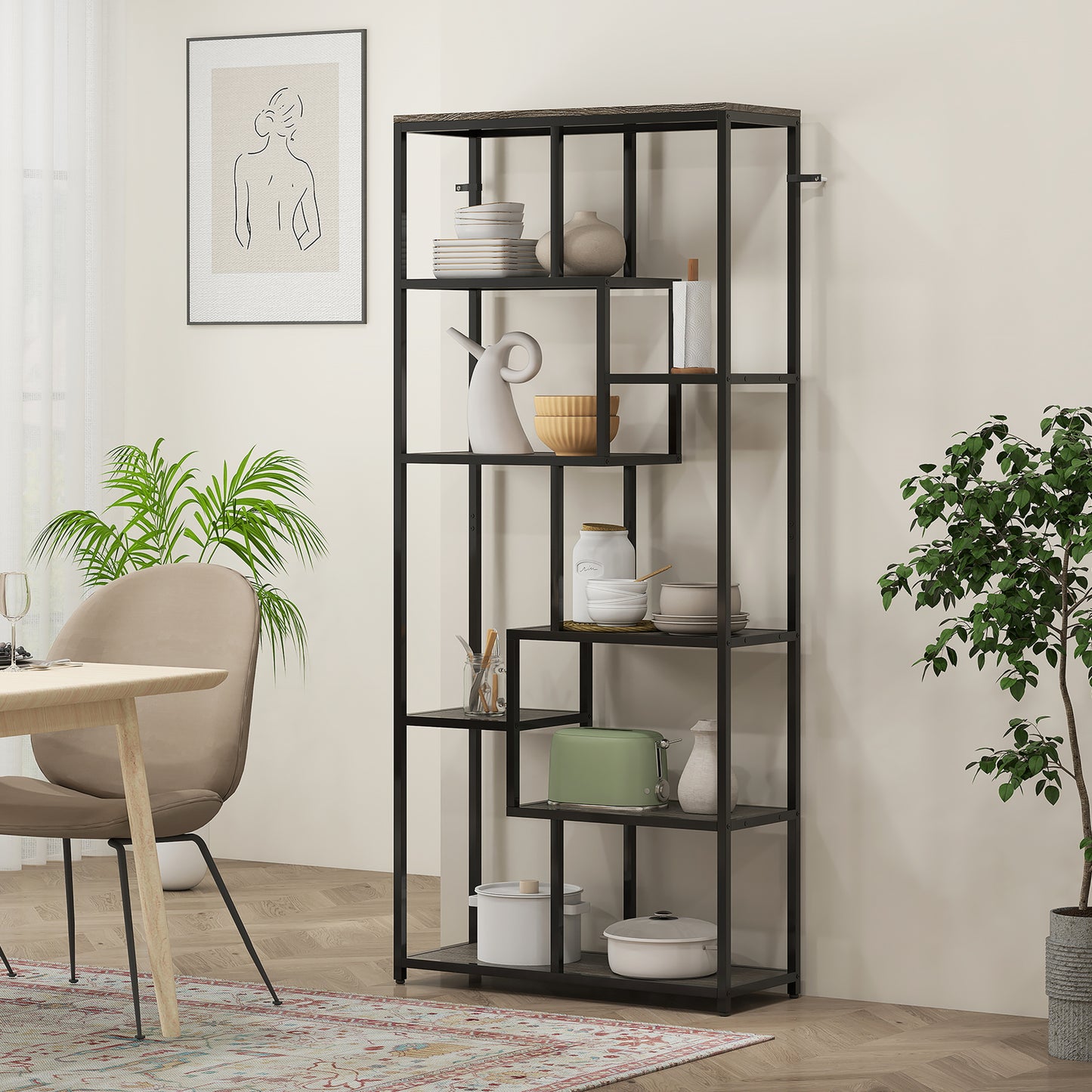 HOMCOM Seven Tier Geometric Bookcase Grey Black Metal Frame Bookshelf for Modern Home Decor
