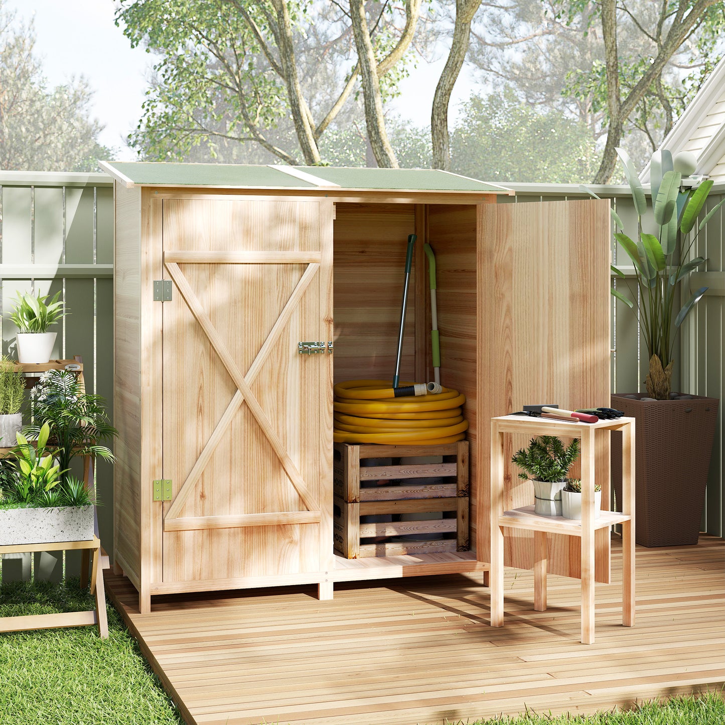 Outsunny 140 X 75 Fir Wood Garden Shed With Asphalt Roof Natural Finish Tall Vertical Storage