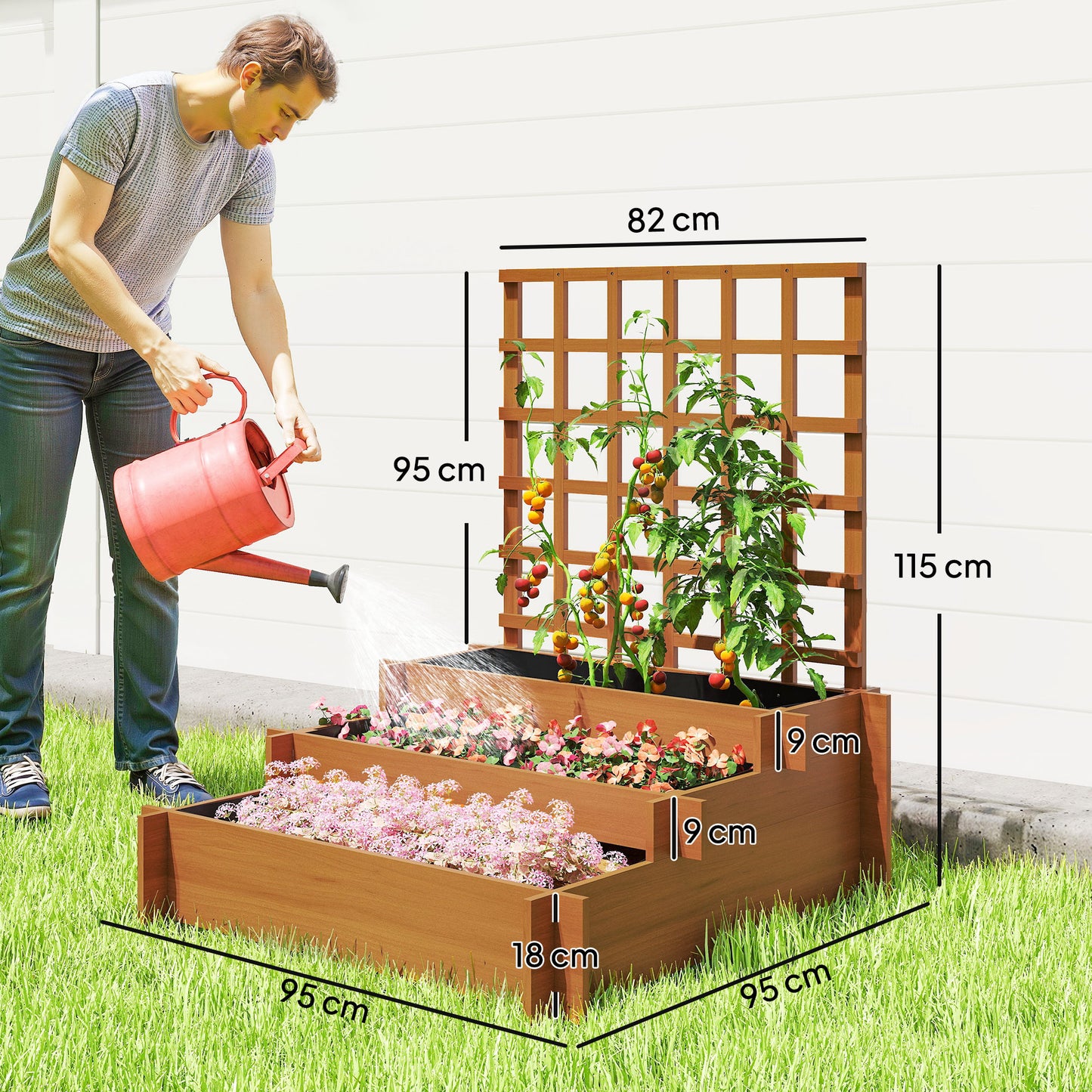 Outsunny 3 Tier Garden Planters With Trellis For Vine Climbing Wooden Raised Beds 95x95x110cm Brown