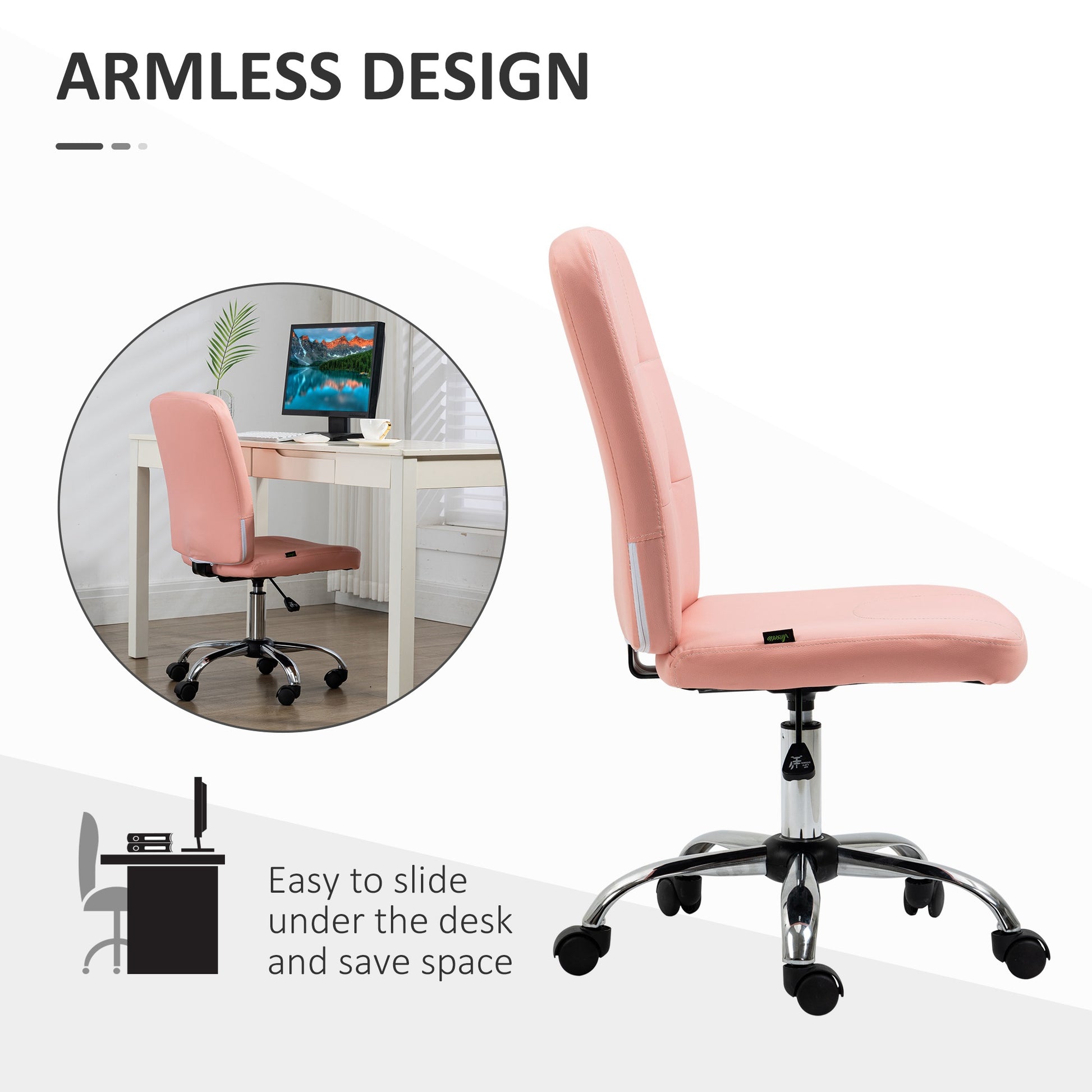 Vinsetto Pink Armless Faux Leather Office Chair with Adjustable Height - ALL4U RETAILER LTD