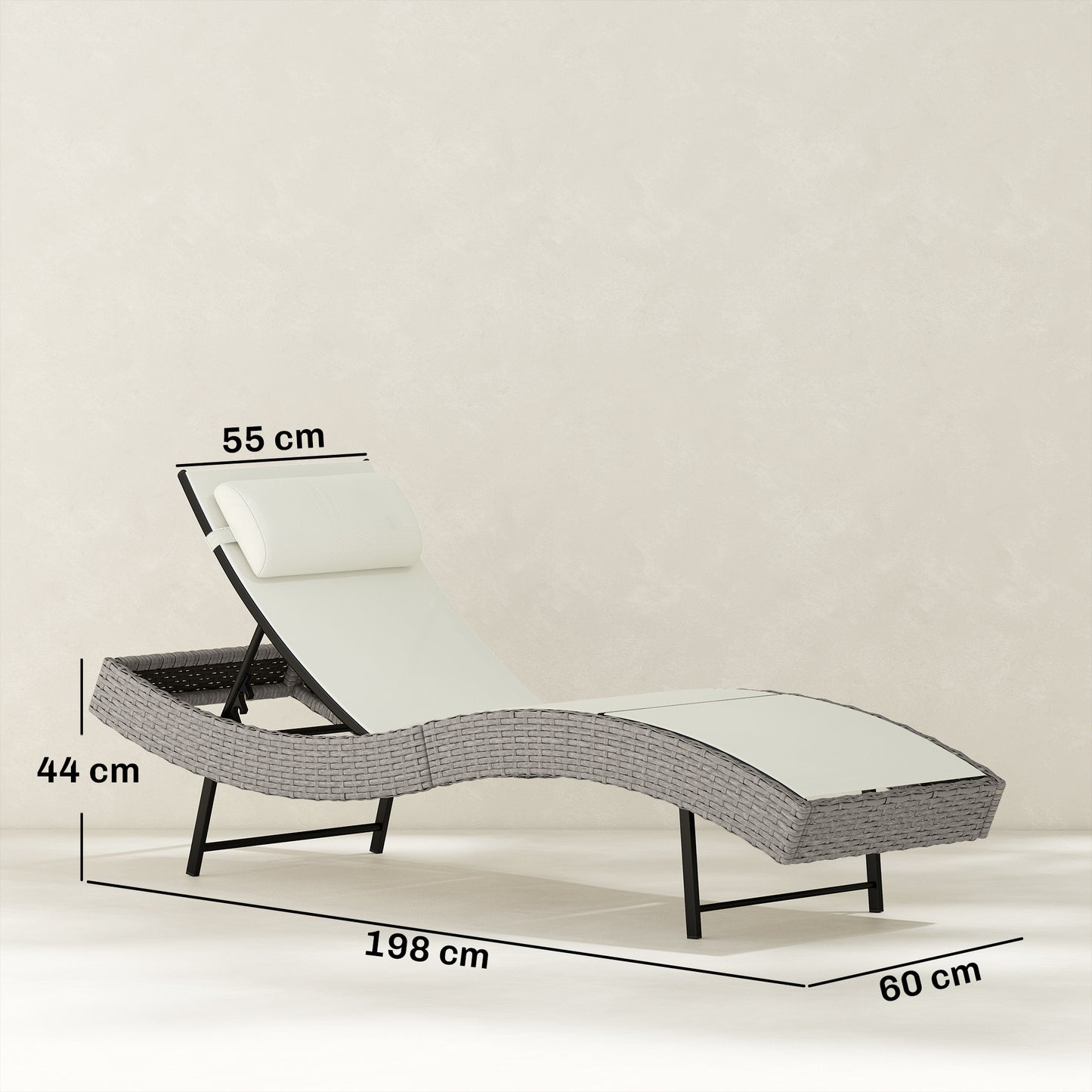 Outsunny Rattan Sun Lounger Garden Recliner with Five Position Adjustable Back S Shaped Texteline Seat Headrest Cream