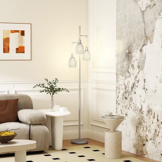 HOMCOM 3 Light Floor Lamp 170cm Dimmable Standing Lamp With Steel Wire Cage Lampshades Living Room Silver Tone