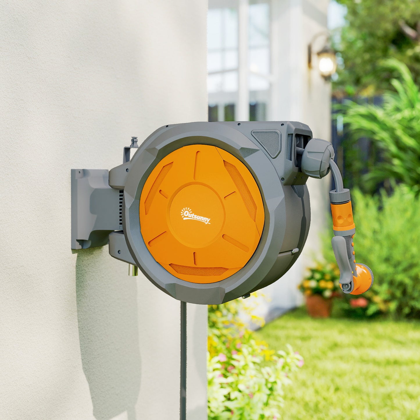 Outsunny Retractable Hose Reel Wall Mounted 32m Hose With Lock Auto Rewind 180 Degree Swivel 7 In 1 Spray Nozzle Orange