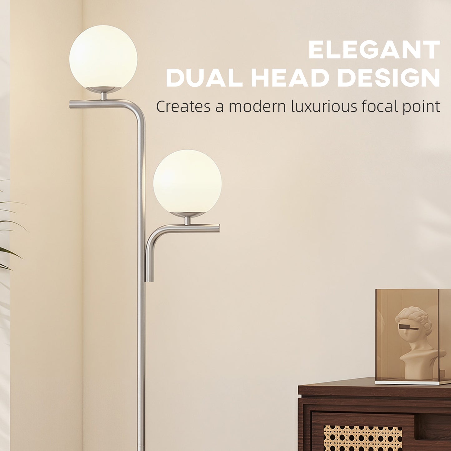 HOMCOM LED Floor Lamp Modern Standing Lamp With Three Color Temperatures Globe Glass Shades Foot Switch Silver Tone