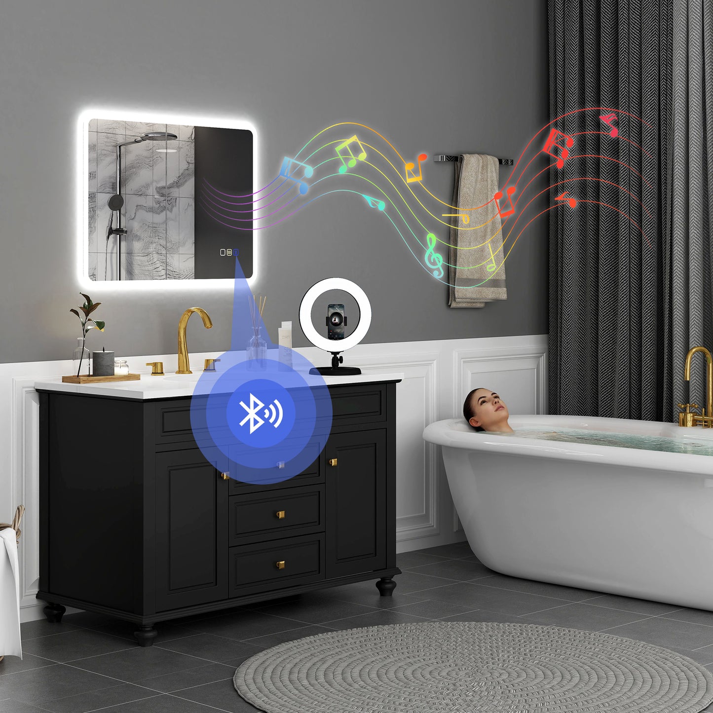 HOMCOM 80x60cm LED Bathroom Mirror With Bluetooth Demister Pad Adjustable Brightness Three Light Modes Silver Tone