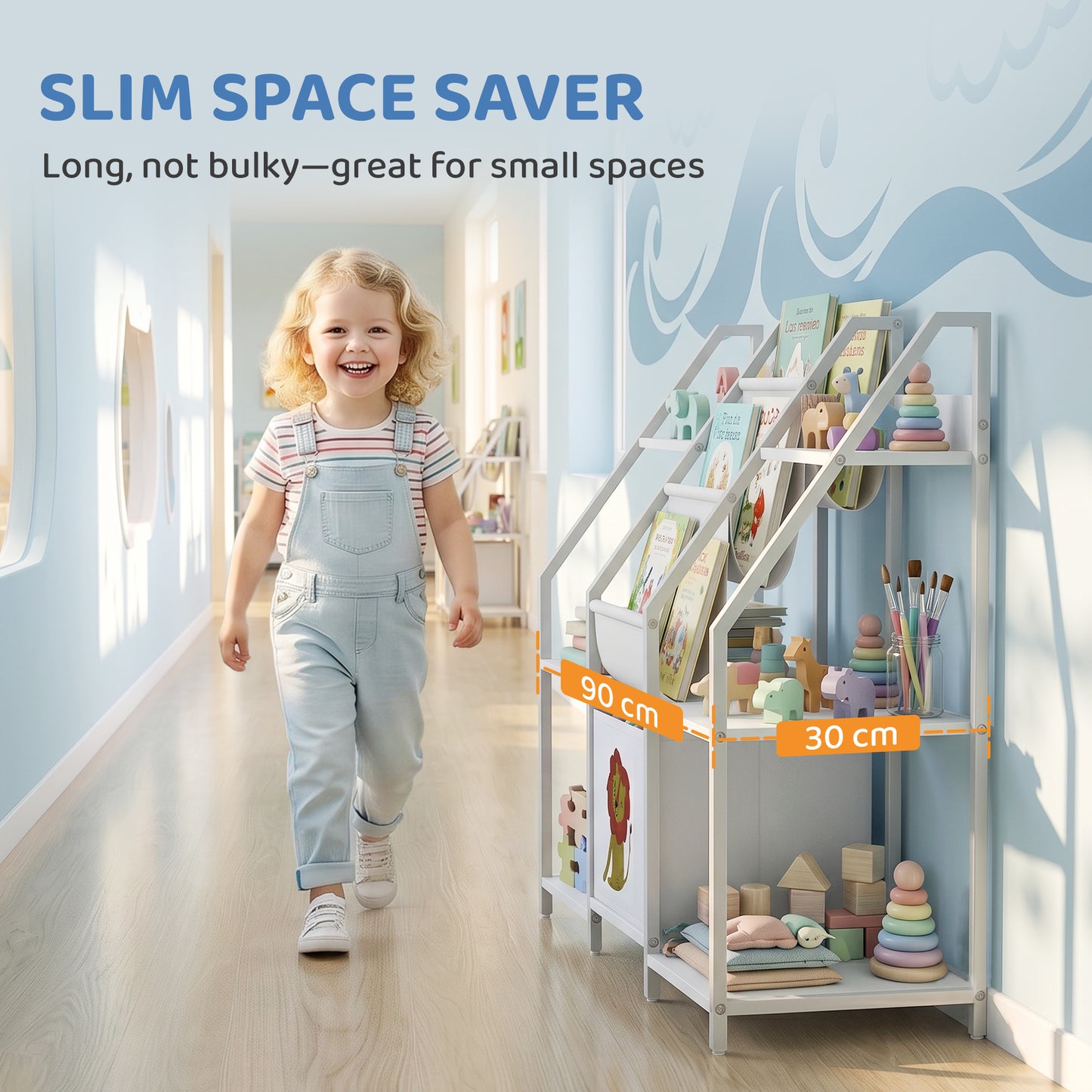 AIYAPLAY Kids Bookshelf And Toy Storage With 3 Tier Sling Book Rack And Fabric Drawer For Nursery Bedroom Playroom White